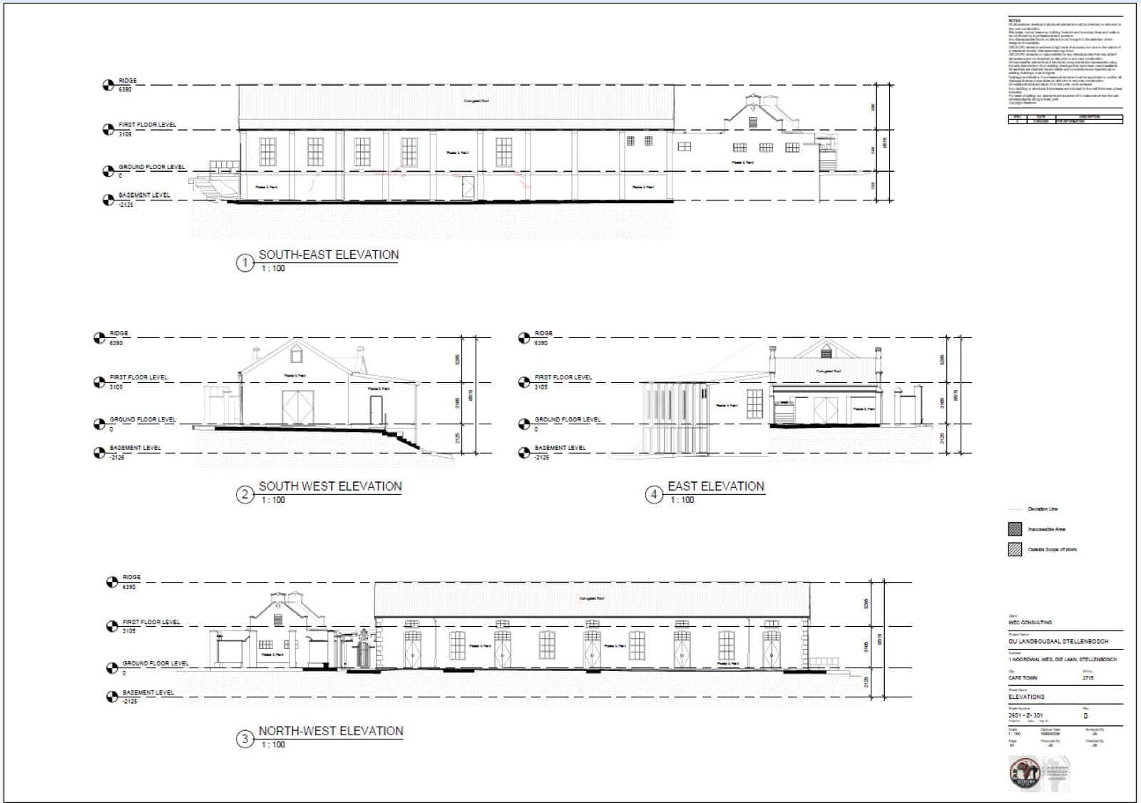 Measured elevation drawings of the Ou Landbousaal produced from the laser scan.